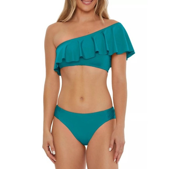 TRINA TURK One Shoulder Ruffle Bandeau Bikini w/ Hipster Bottoms — Size 6 Medium - Picture 1 of 11